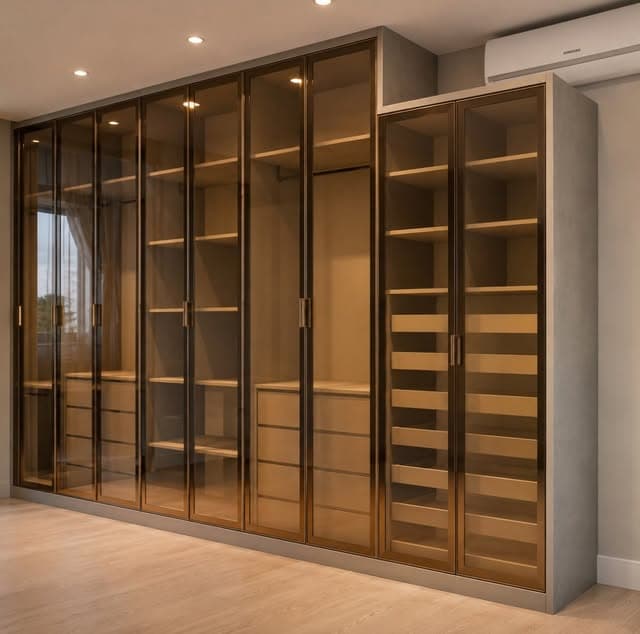 Armário planejado com portas de vidro e iluminação interna