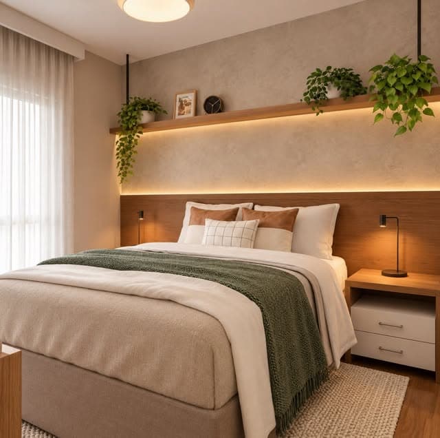 Quarto acolhedor com marcenaria, iluminação indireta e tons naturais
